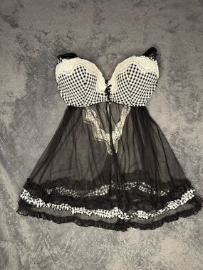 Victoria's Secret Black and White Gingham Lace Babydoll Chemise